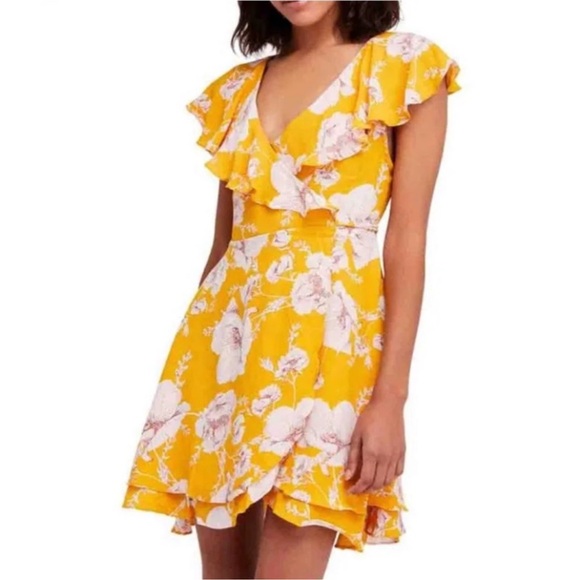 Free People French Quarter Yellow Floral Mini Wrap Dress - Picture 1 of 8
